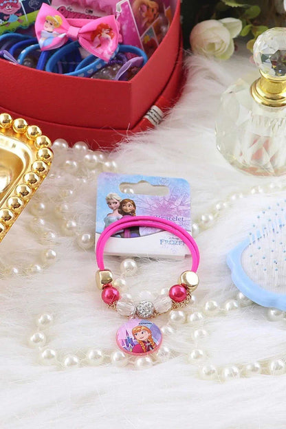 Disney charm bracelet with pink elastic, bead accents, and round princess pendant