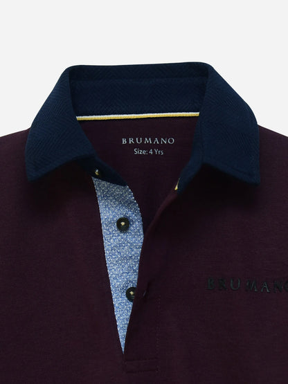 Purple polo shirt collar with navy interior, yellow trim, and buttoned neckline