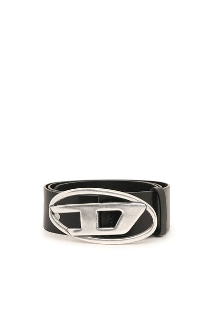 Black leather belt with silver oval Diesel buckle
