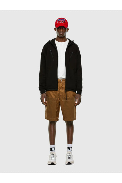 Black zip-front hooded jacket, full-length zipper and ribbed cuffs