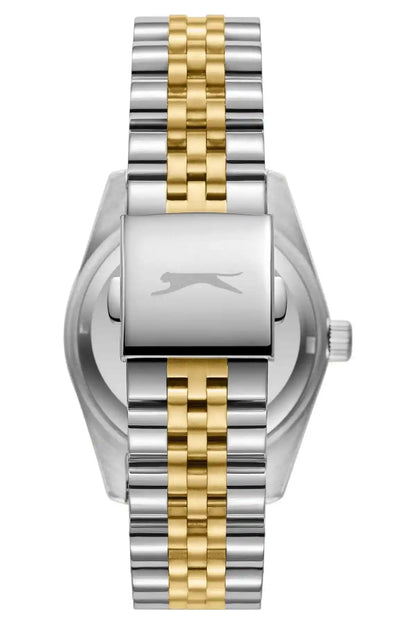 SLAZENGER analog wristwatch, silver case with gold link center and side crown