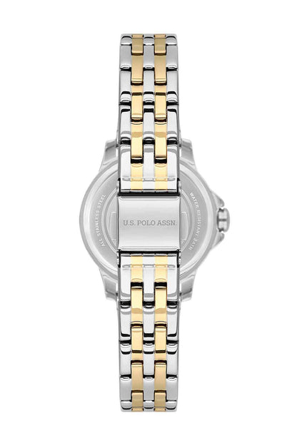 U.S. Polo Assn two-tone metal wristwatch with engraved case and clasp