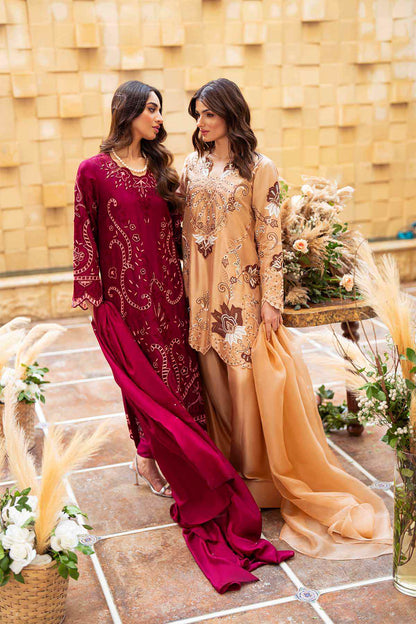 Maroon and beige embroidered long kurtas with matching dupattas