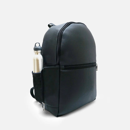 Black leather-look backpack angled back view with side pocket and water bottle holder