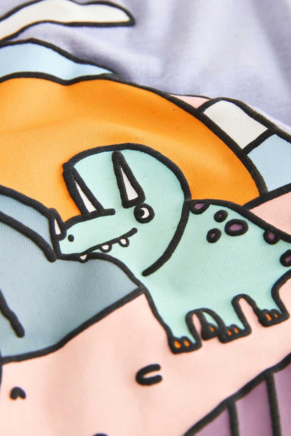 NEXT lilac dinosaur graphic T-shirt close-up of orange-and-blue dinosaur