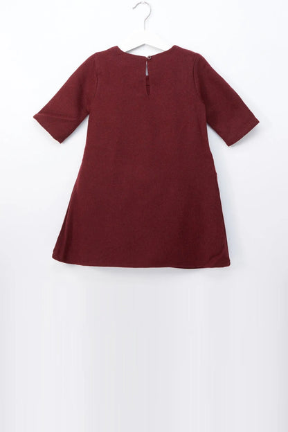 Burgundy baby dress with short sleeves and keyhole back neckline
