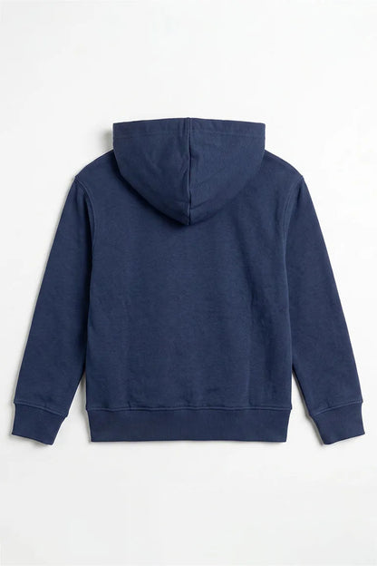 Navy kids pullover hoodie with drawstring hood, back view, no front graphic