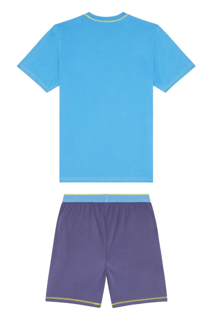 Blue T-shirt with back view and purple shorts with drawstring, yellow trim