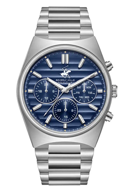 BHPC silver metal wristwatch with blue dial, three subdials, day/date window