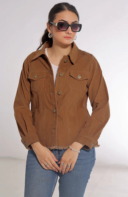 Tan button-front utility jacket with collar and chest pockets, front close-up