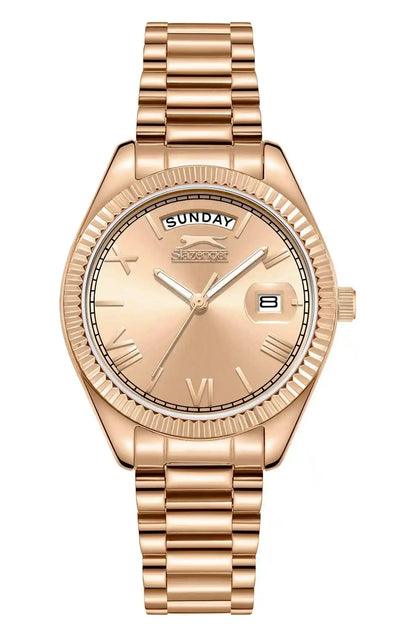 Rose gold wristwatch with day/date dial and linked metal bracelet