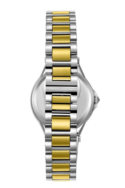 Two-tone metal link watch bracelet and case side with gold rectangular accents