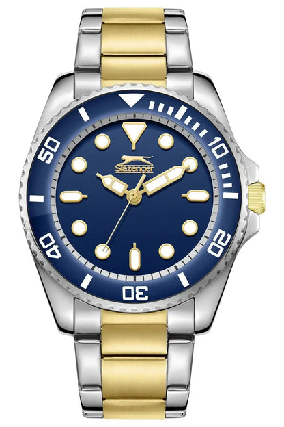 Slazenger wristwatch with blue dial, gold markers, and silver/gold metal bracelet.