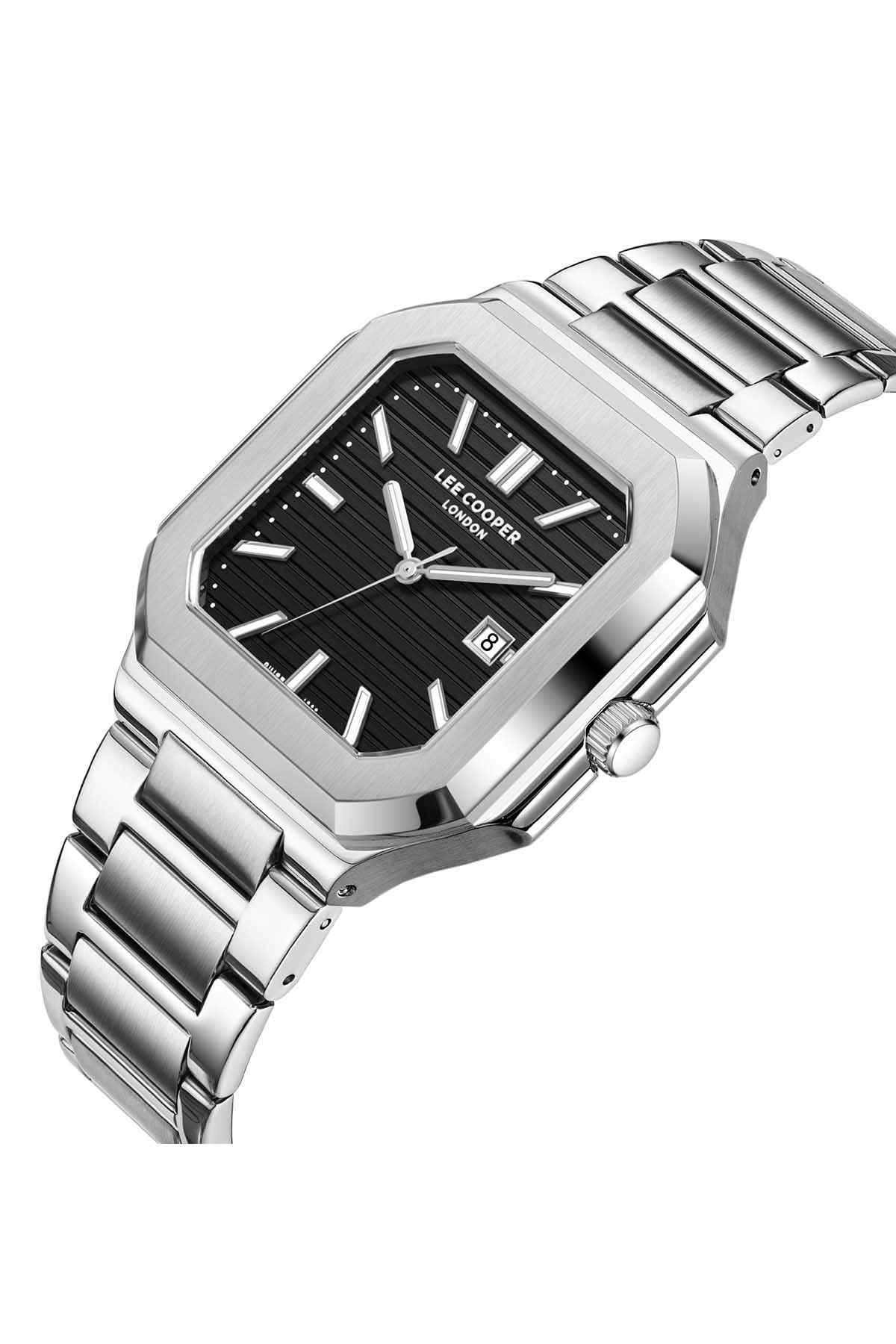 Lee Cooper silver watch with black dial, metal bracelet, rectangular case