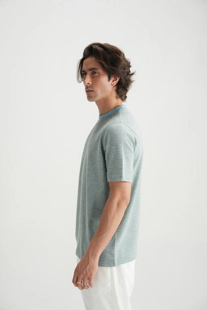Men's light blue striped crewneck T-shirt, side profile with short sleeves