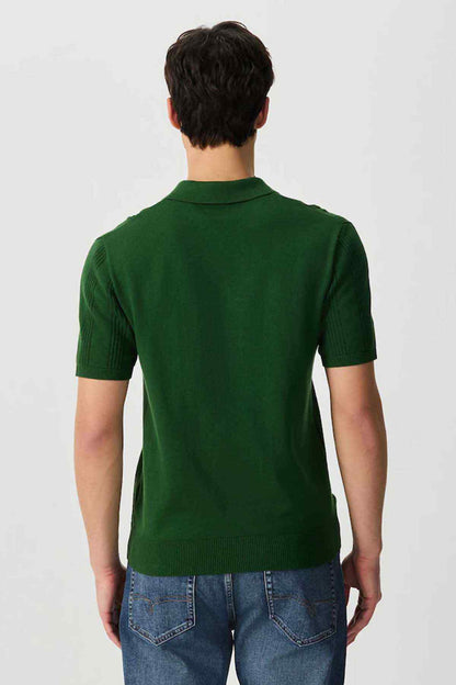 Green polo shirt back view with short sleeves and ribbed knit texture