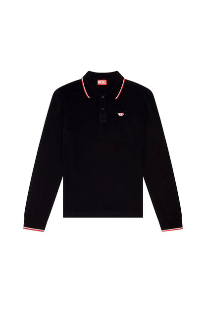 Black long-sleeve polo shirt laid flat with red-trim cuffs and chest logo