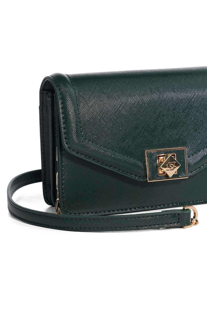 Dune London dark green crossbody bag with front flap and gold-tone hardware
