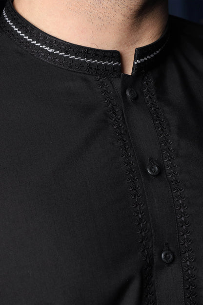Mazham black kurta neckline with embroidered trim and button placket