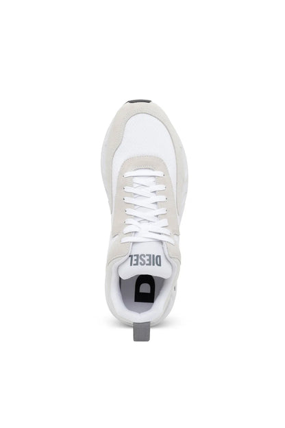 White lace-up sneakers with black DIESEL heel label and cushioned interior