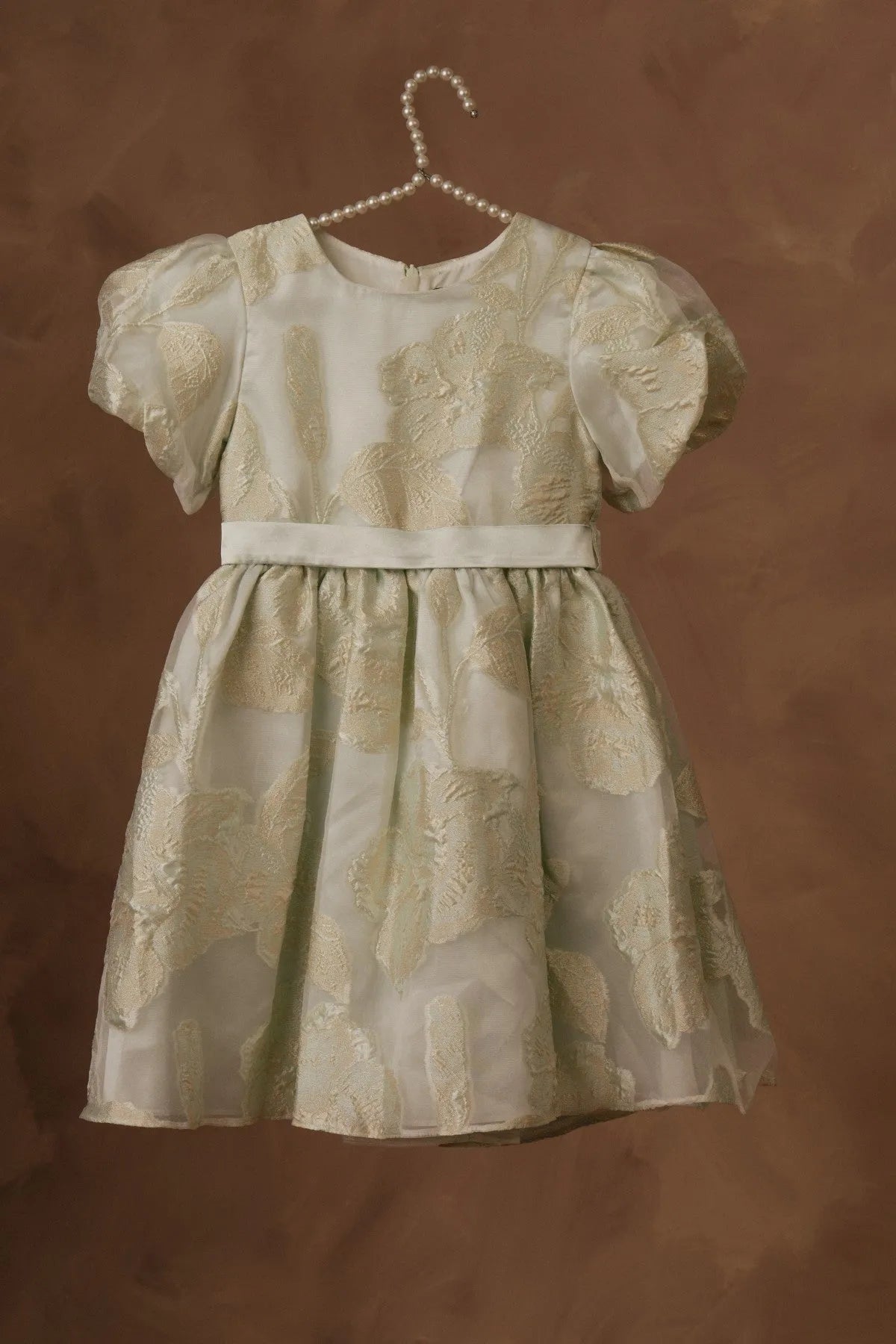 Licci mint green girls dress with puff sleeves, textured fabric, gathered skirt