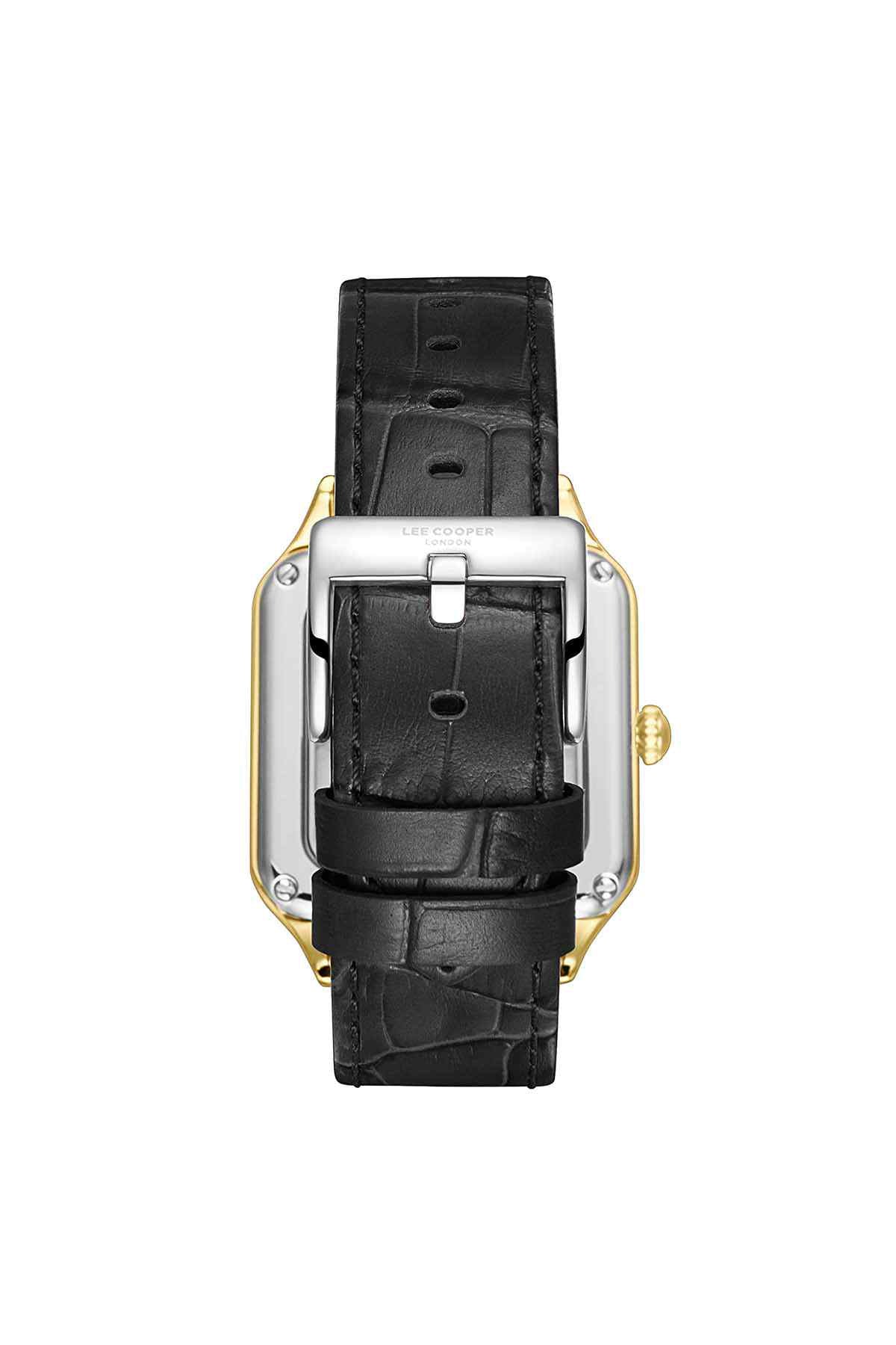 Black leather watch strap with gold-tone case back and buckle detail