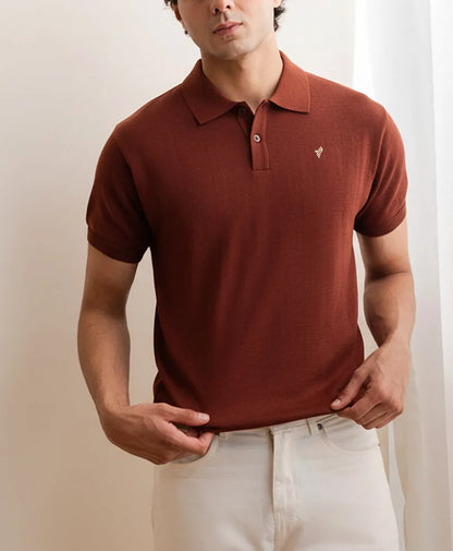 Fitted short-sleeve dark brown polo shirt with point collar and front placket