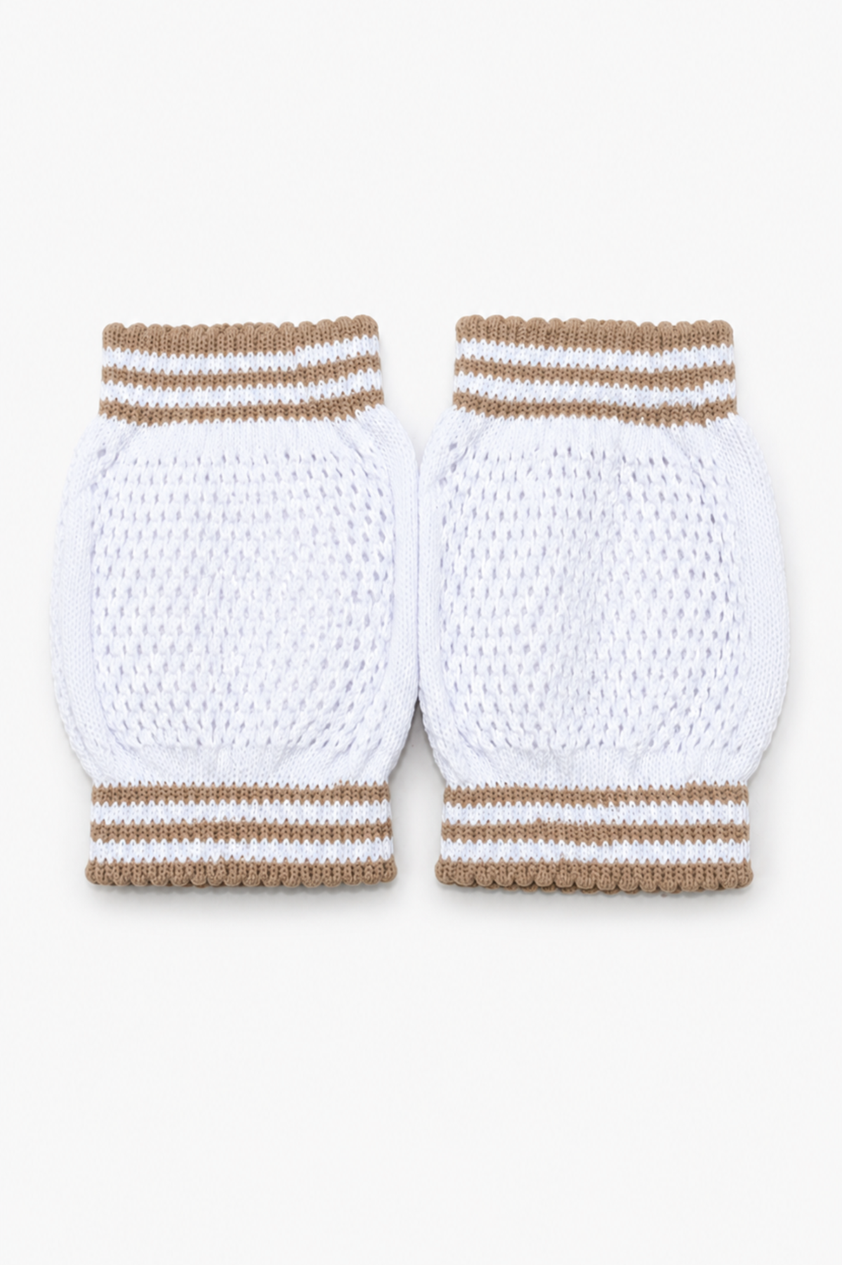 Set of white knit baby socks with textured body and brown striped cuffs