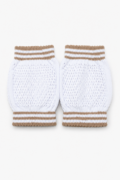 Set of white knit baby socks with textured body and brown striped cuffs