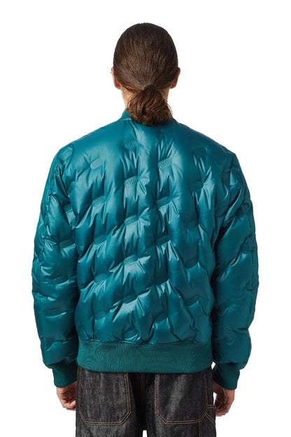 Sea green puffer bomber jacket, back view with ribbed waistband and zip closure