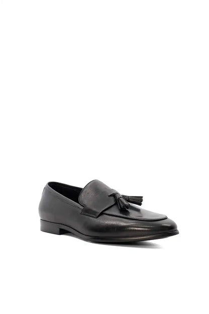 Black leather loafer with tassel fringe, low block heel