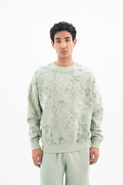 Cameo green printed crewneck sweatshirt with ribbed cuffs and matching pants