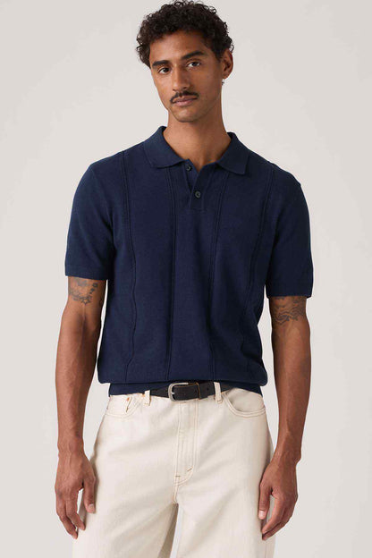 Levi's blue polo shirt front view with ribbed placket and short sleeves
