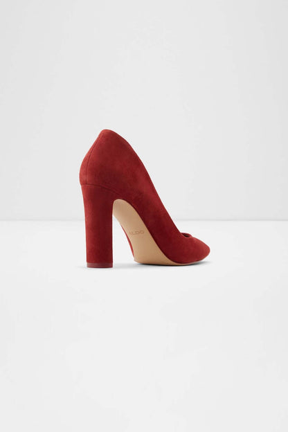 ALDO burgundy suede pointed-toe pumps, side view with block heel