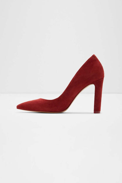 ALDO burgundy suede pointed-toe pumps on block heel, angled view