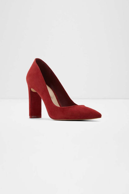 ALDO burgundy suede pointed-toe pumps with block heel, profile view