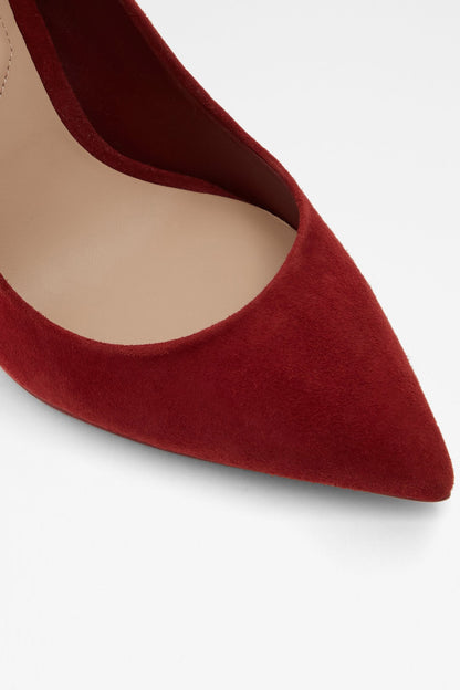 ALDO burgundy suede pointed toe pump close-up, curved vamp