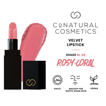 Conatural velvet lipstick, Shade BL 09 Rosy Coral, coral-pink swatch and tube