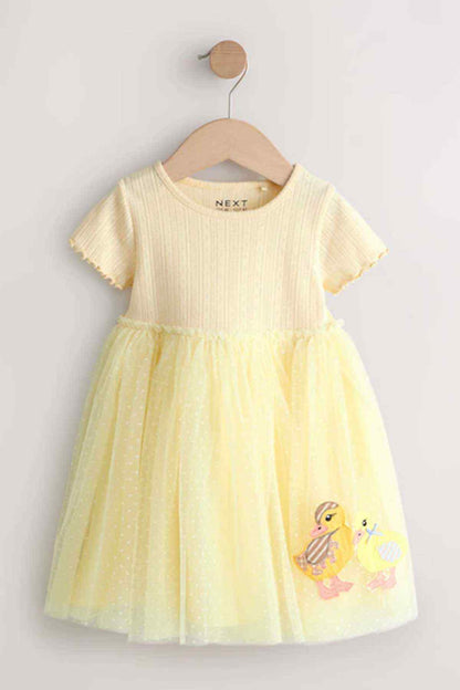 Pale yellow girls' short-sleeve dress on hanger with scalloped sleeves