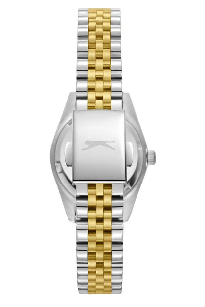 Silver and gold analog wristwatch side view, bracelet with gold-tone center links