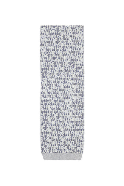 Blue and white all-over logo knit scarf with folded hem, straight edge