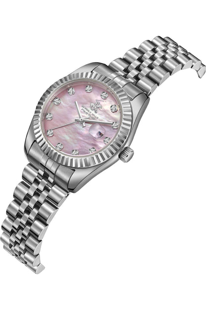BHPC silver metal watch with pink crystal dial and link bracelet