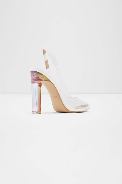 Clear ALDO slingback high-heel sandal with iridescent stiletto heel and pointed toe