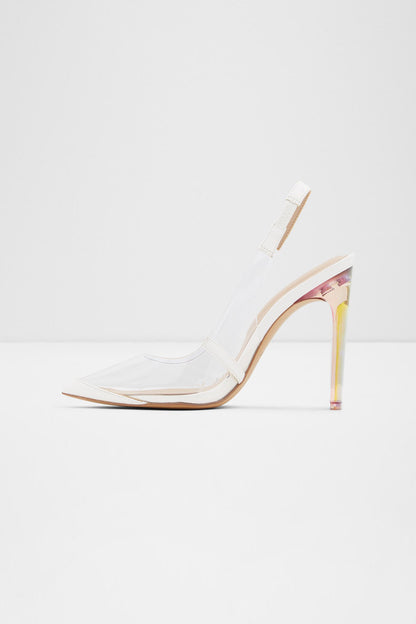 Clear ALDO slingback stiletto sandal with clear upper and multicolor heel