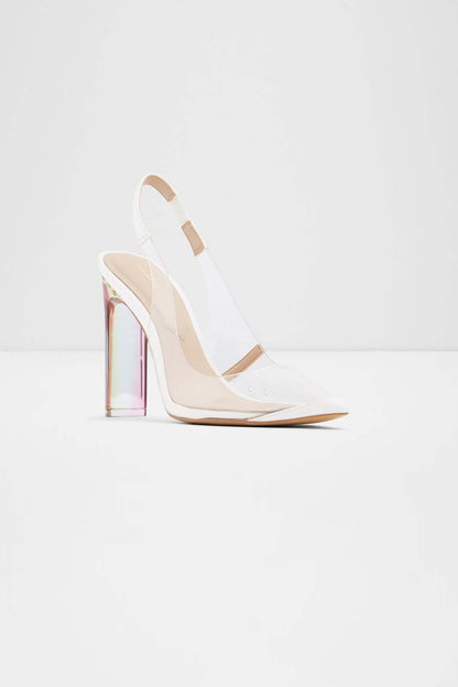 Clear ALDO slingback stiletto sandal with pink-tinted transparent heel and pointed toe