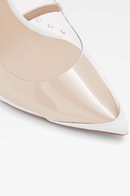 Clear ALDO transparent upper slingback sandal close-up, pointed toe and stitched edge