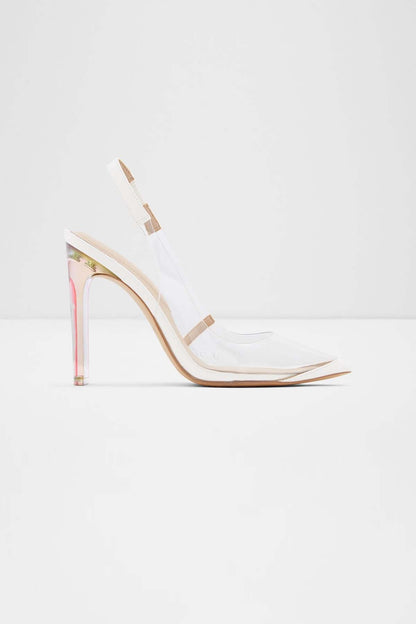 Clear ALDO slingback high-heel sandal with transparent straps and pointed toe