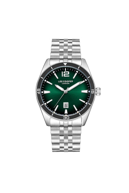 Lee Cooper stainless steel wristwatch with green dial, metal bracelet and date window