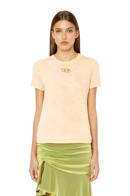 Women’s pink Diesel crew-neck T-shirt with orange oval logo at chest.
