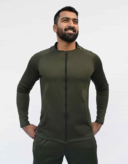 Bodybrics men's olive zip-up jacket and matching pants set, front view with arms relaxed